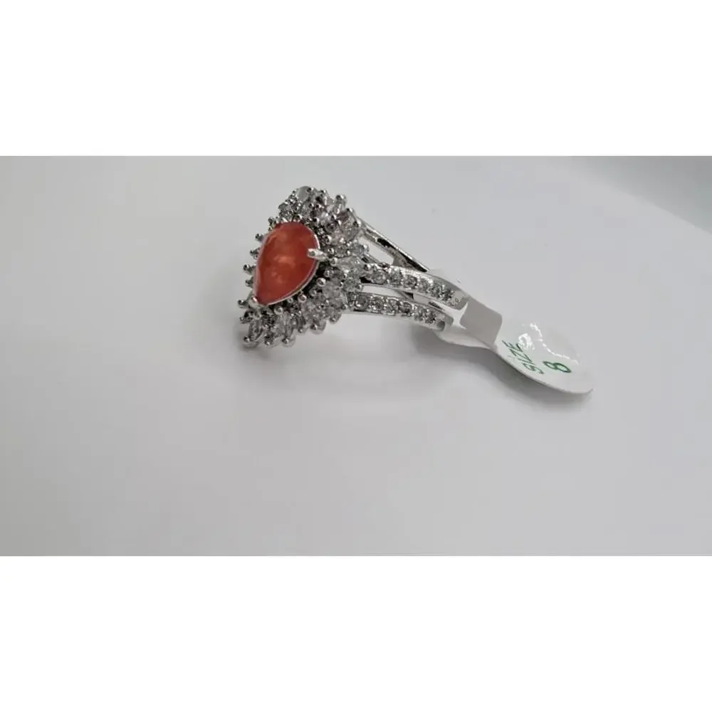 Silver Ring with Orange Gemstone and Clear Accent Stones, Size 8